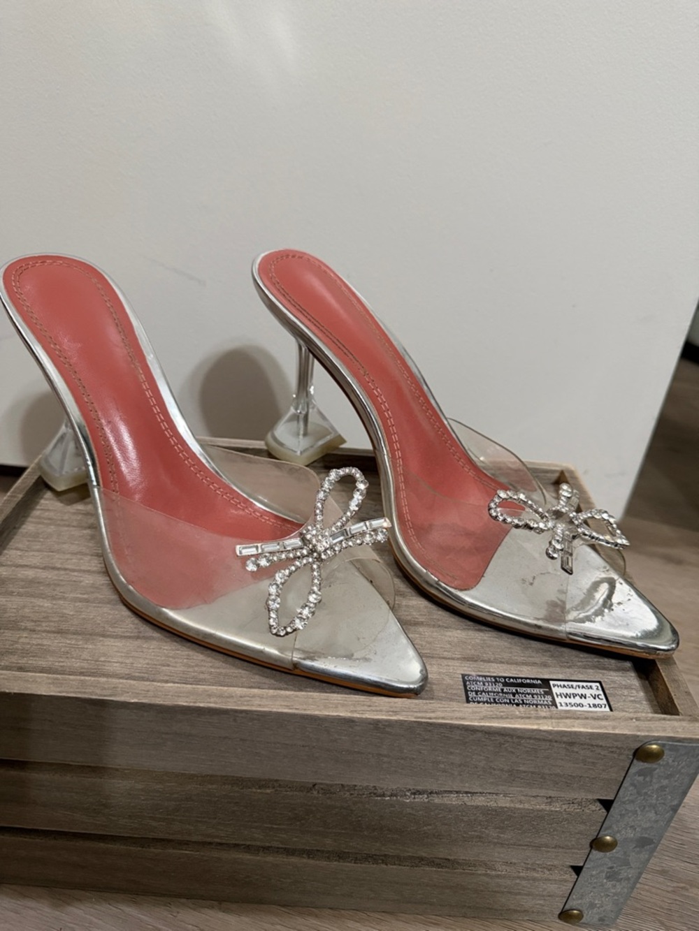 Clear and Silver Pointed Mule Heels with Crystal Bow